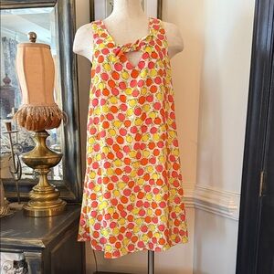 Sleeveless Tie-Neck Shift Dress in Coral & Yellow Fruit Print